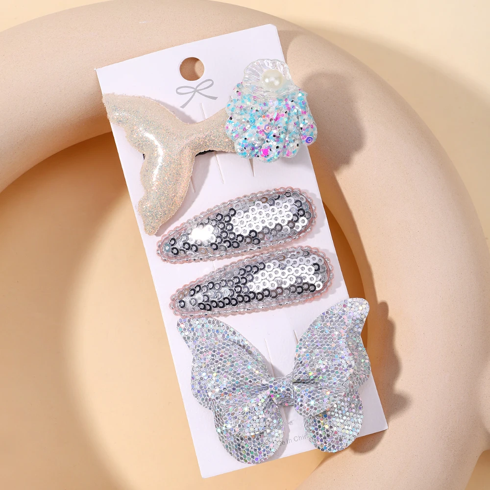 

4 шт./компл., заколки для волос с блестками, рыбьим хвостом и бабочкой, праздничные заколки для волос BB для маленьких девочек, заколки, головные уборы, детские аксессуары
