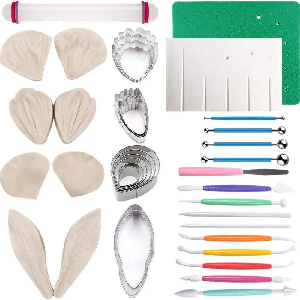 

Gum Paste Flowers and Leaves Fondant Tools Kit-4set Gumpaste Flower Cutter 4set Fondant Flower Silicone Molds 1 Veining Board 1