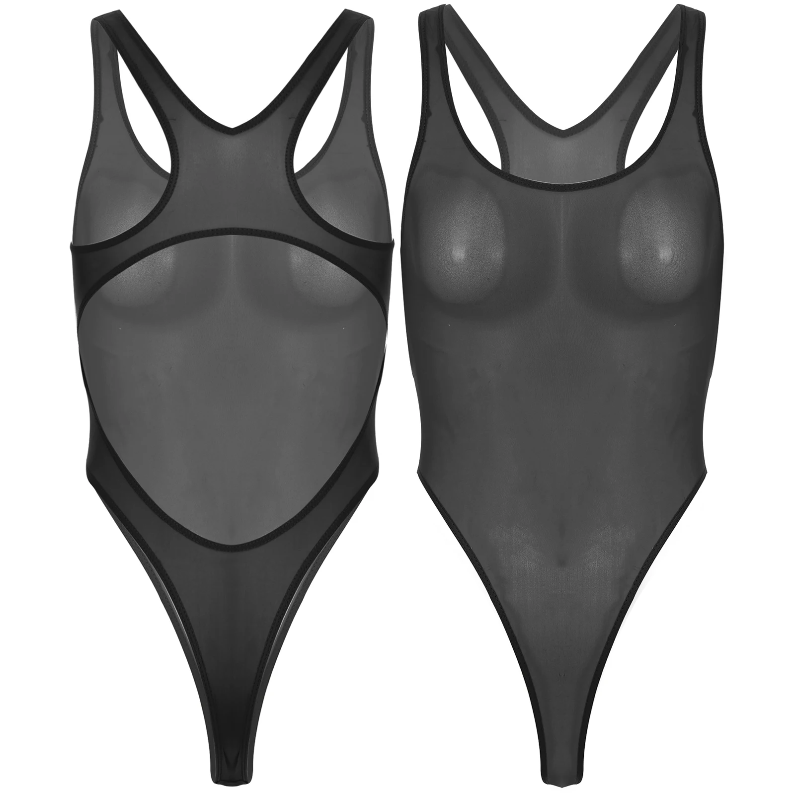 

Womens Sexy Lingerie See Through Bodysuit Sleeveless Low Neck Racer Back Open Crotch Leotard Stretchy Tights Tempting Nightwear