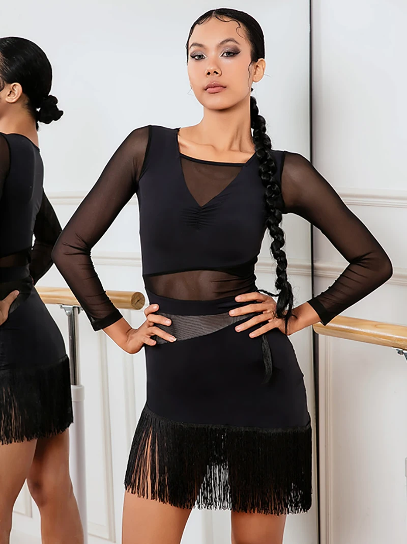 

Summer Latin Dance Costume Women Clothing Adult Mesh Spliced Tassel Dress National Standard Modern Training Suit