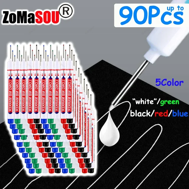 1-90 szt. Wodoodporne białe markery z długą główką 2cm do obróbki drewna marker z głębokim otworem metalowy stolarz czarny/czerwony/niebieski/zielony tusz