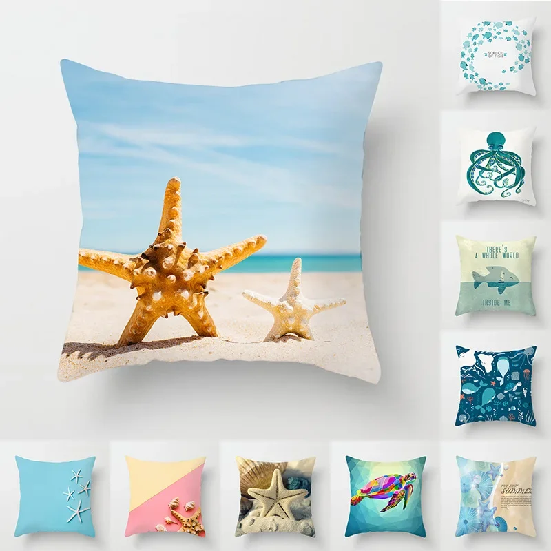 

Ocean Theme Printed Throw Pillow Cover Velvet 45x45cm Soft Cushion Cover for Home Decor Living Room Bedroom Sofa Pillowcase