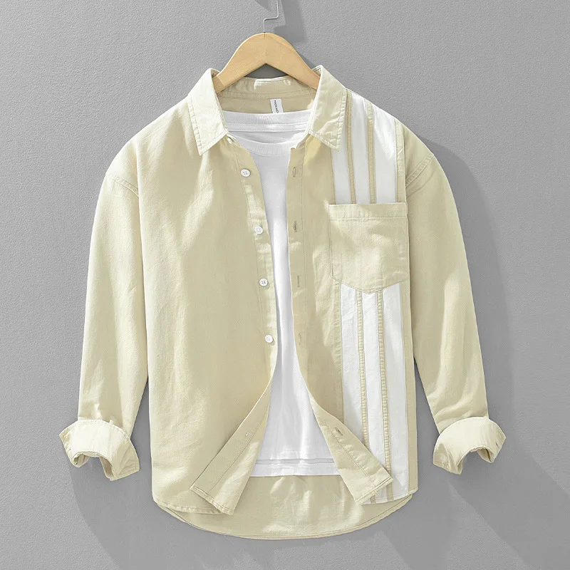 

Мужская модная рубашка с цветными вставками, длинный рукав, 100% хлопок, повседневный стиль, квадратный воротник, комфортная хлопковая рубашка для мужчин.