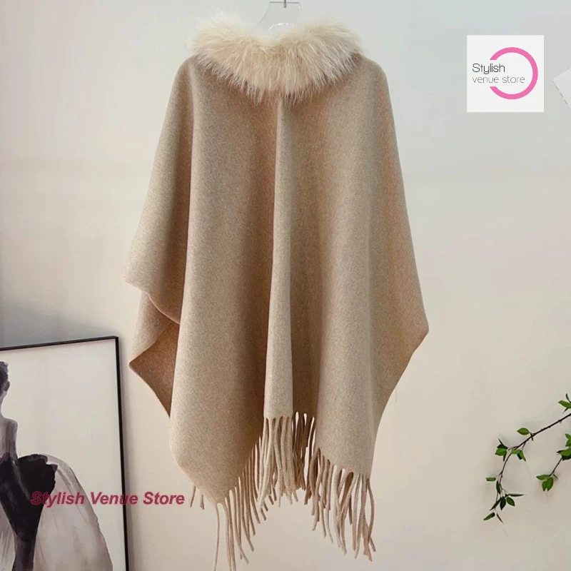 French-style ladies' pure color fur collar imitation collar cloak women's autumn and winter tassel coat knitted casual cardigan