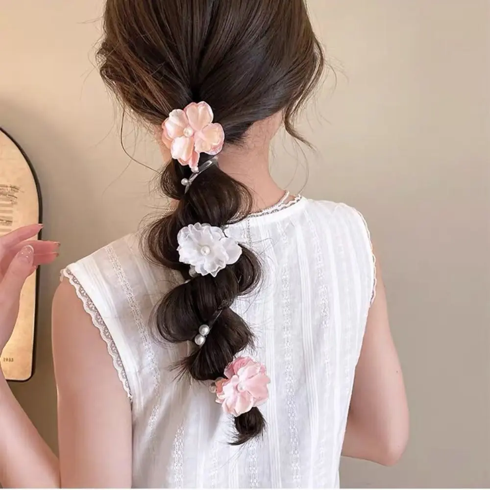 

Fresh Flower Telephone Wire Hair Rope Pearls Elastic Telephone Line Headband Ponytail Holder Straight Braid Hair Tie Girl