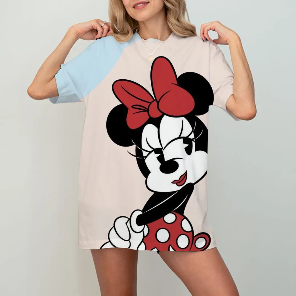 

Забавная женская футболка Disney с милым рисунком Микки и Минни, повседневная футболка с короткими рукавами, женская кавайная свободная одежда Y2K, топы