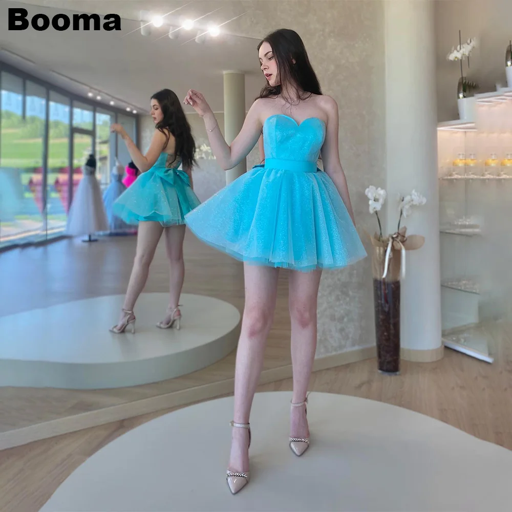 

Booma Blue A Line Gliter Cocktail Dresses Sweetheart Lace Up Mini Prom Dresses with Bow Graduation Party Gowns Club Night Wear