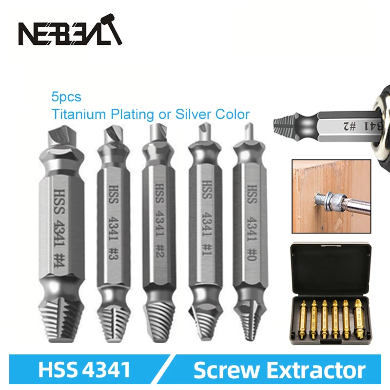Juego de extractores de tornillos HSS, Kit de herramientas de broca para quitar tornillos rotos y dañados, 5 uds.