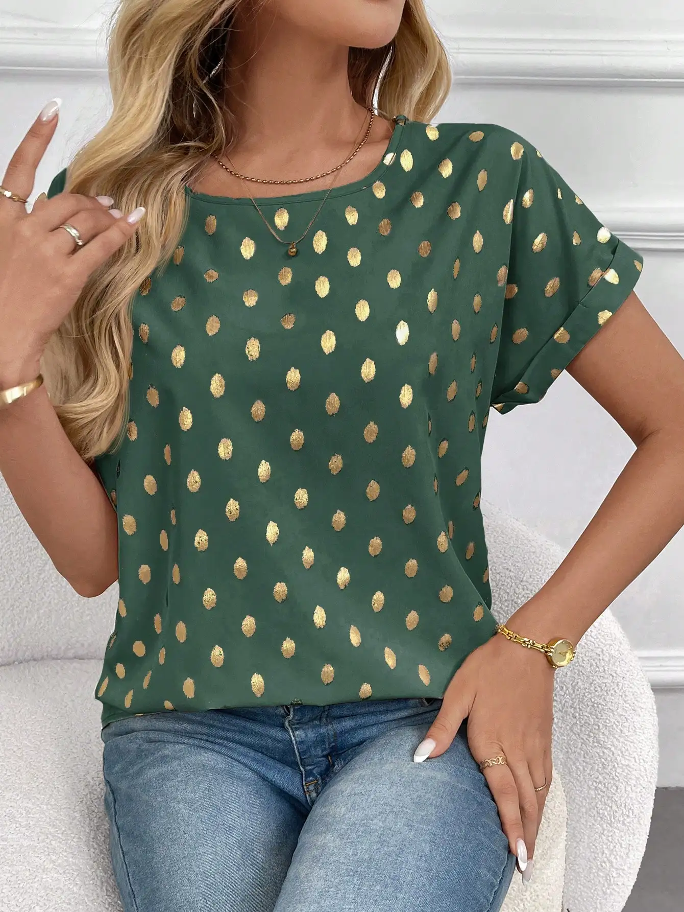 

Green Polka Dot Round Neck Rolled Sleeve Blouse Casual Summer Top