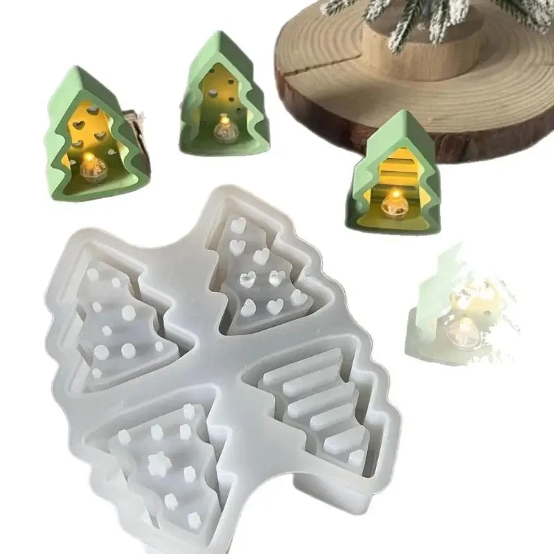 4 Cavities Christmas Tree Silicone Mould, Multipurpose Casting Mold For Tealight Candle Holder, Holiday Tabletop Decoration