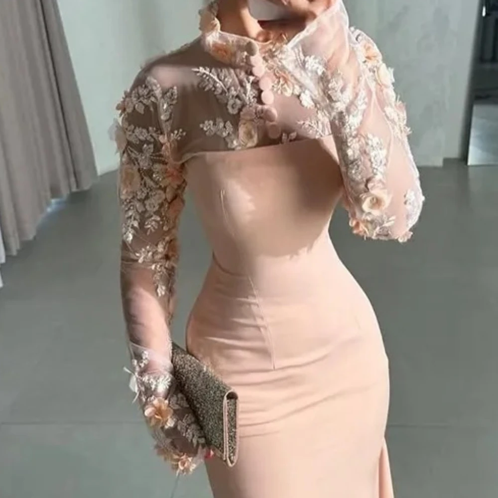 

Customized High Collar Prom Gowns with Fashion Lace Floral Print Jersey Ruffle Mermaid Sweep Tain Evening Dress Party Dress