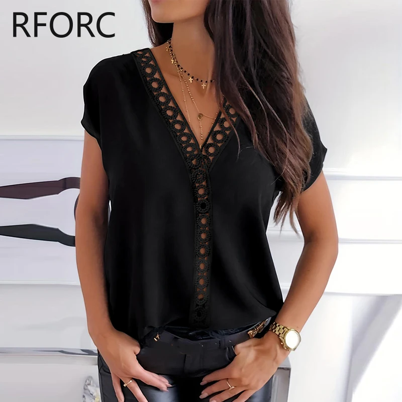 2024 Women Hook Flower Hollow Solid V Neck Short Sleeves Causal Black Blouse Top