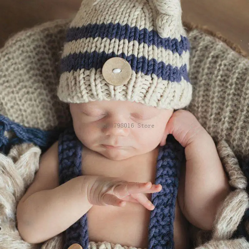 

Newborn Photography Suit Striped Overalls Knitted Hat Set Blue Stripes Costume