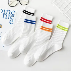 White Socks Women Fashion Striped Sport Socks Soft Breathable Solid Color High School Students Cotton Long Socks