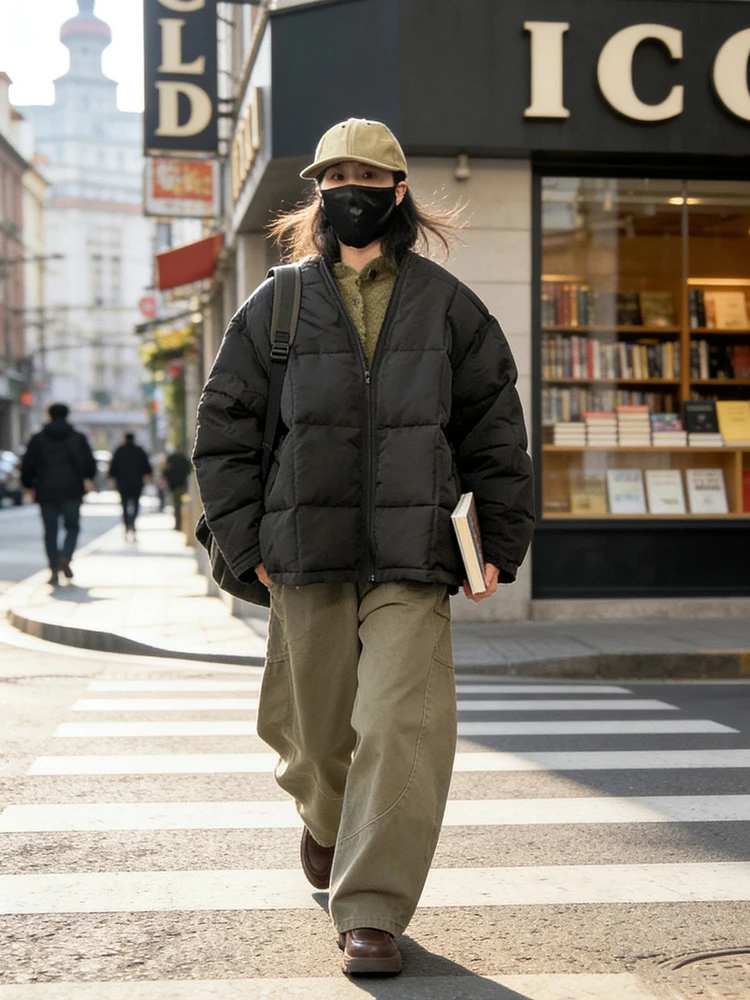 

Oversize Street Sle Neutral Bla Cotton Jaet Loose Fit Men's Women's Warm High Street Cool Windproof Zipper Closure Coat