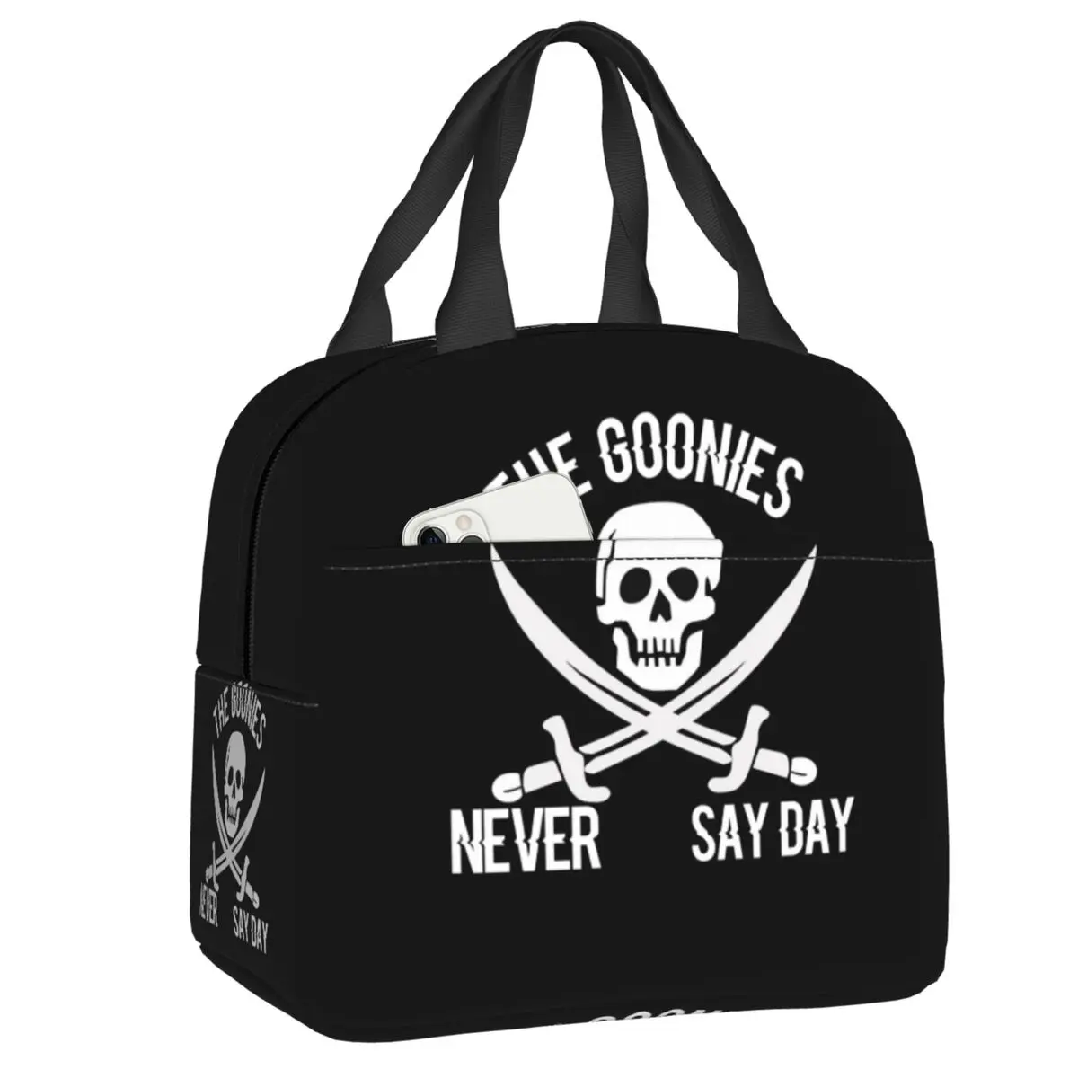 

Изолированные сумки для обедов Custom The Goonies Never Say Die для работы, школы, многоразовые термосумки-холодильники для бенто-боксов с изображением героев фильма ужасов и приключений.