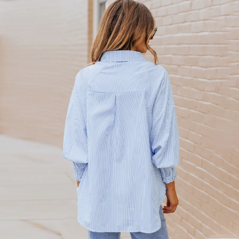 Camisa de manga larga con cuello levantado a rayas para mujer, fruncida abullonada Blusa de manga, moda de primavera y otoño