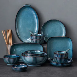 Blue Kiln Glazed Ceramic Plates, Microwaveable Dinner Plates, Round Rice Salad Bowls, Household Tableware