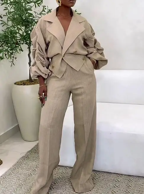 

2025 Autumn/Winter New Women's Fashion Casual V-neck pleated sleeves commuting casual pants women's wear