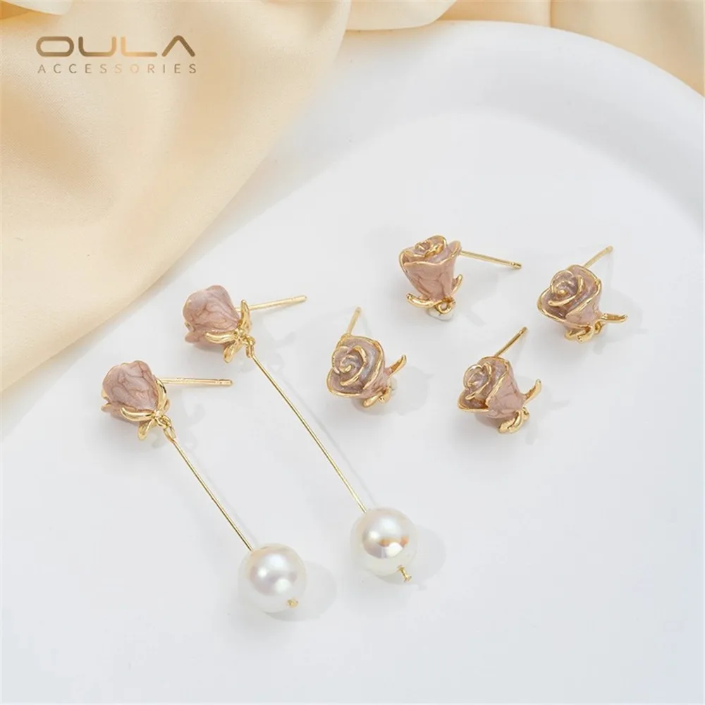 

1pair 14K Gold-plated Oil-drip Pink Simple Rose Earrings with Pendant Earrings and Other Material Accessories