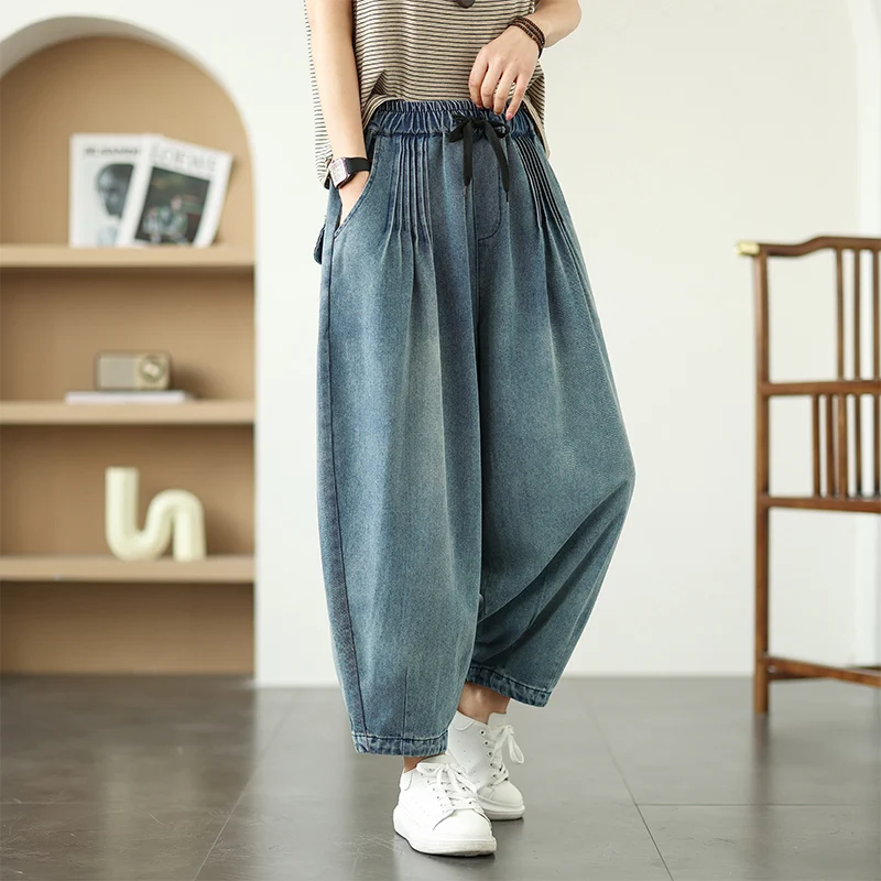 Pantaloni a lanterna a gamba larga in denim retrò Waed Donna Estate taglie forti Pantaloni con risvolto Harlan drappeggiati dimagranti allentati