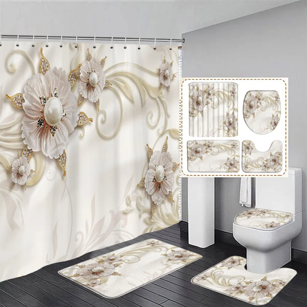 Luxury Fashion Pearl Bouquet Shower Curtain Elegant Diamond Fantasy 3D Style Polyester Bath Curtains Rug Set Home Bathroom Decor