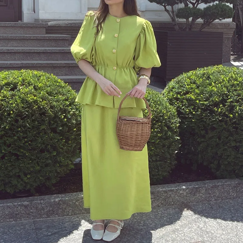 Summer Puff Sleeve 2pcs Suit French Style Solid Color Slim Bodycon Office Set Women Elegant O Neck Button Top+Long Skirts Outfit