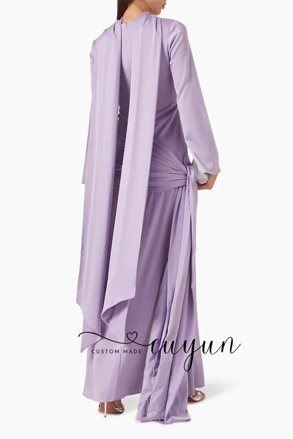 CUYUN Customized Scarf-style Purple Evening Dress Wedding Guest Wear V-Neck Long Sleeves Party Gown Formal Event Dresses Prom