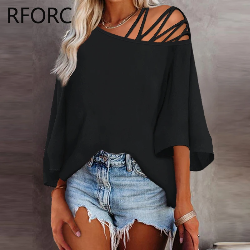 2024 Women Chic Solid Batwing Sleeves One Shoulder Off Criss Cross Loose Fit Blouse Tops