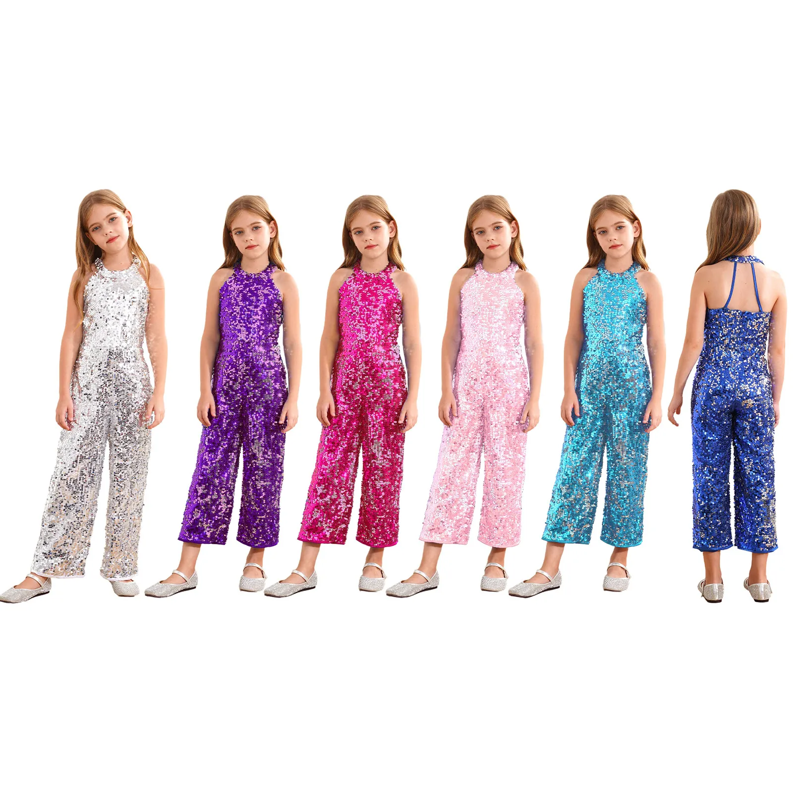 Kids Girls Shiny Sequin Jumpsuit Romper Jazz Ballet Dance Performance Prom Party Playsuit Wide Leg Pants Fancy Dress-up Bodysuit