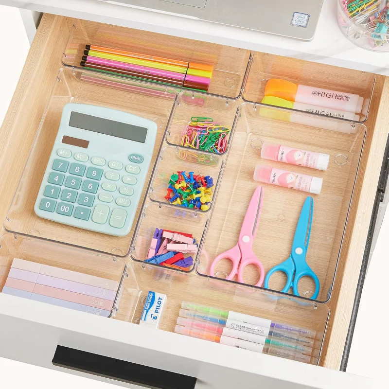 

25 PCs clear plastic drawer organizers set 4-size stackable for makeup vanity bathroom kitchen office storage with non-slip pads