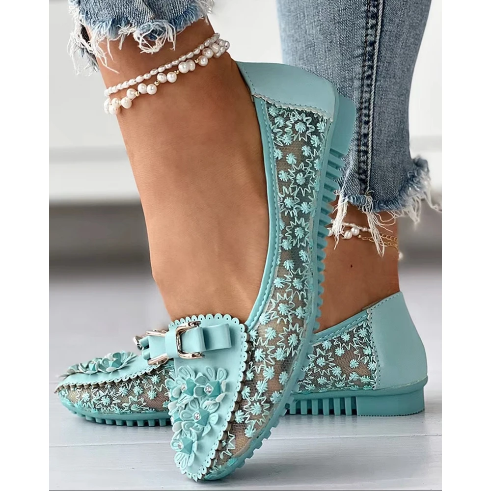 2024 Summer Women Floral Embroidery Bowknot Decor Work Loafers Casual Design Flats Lady Outdoor Slip-on Going Out Elegant Shoes