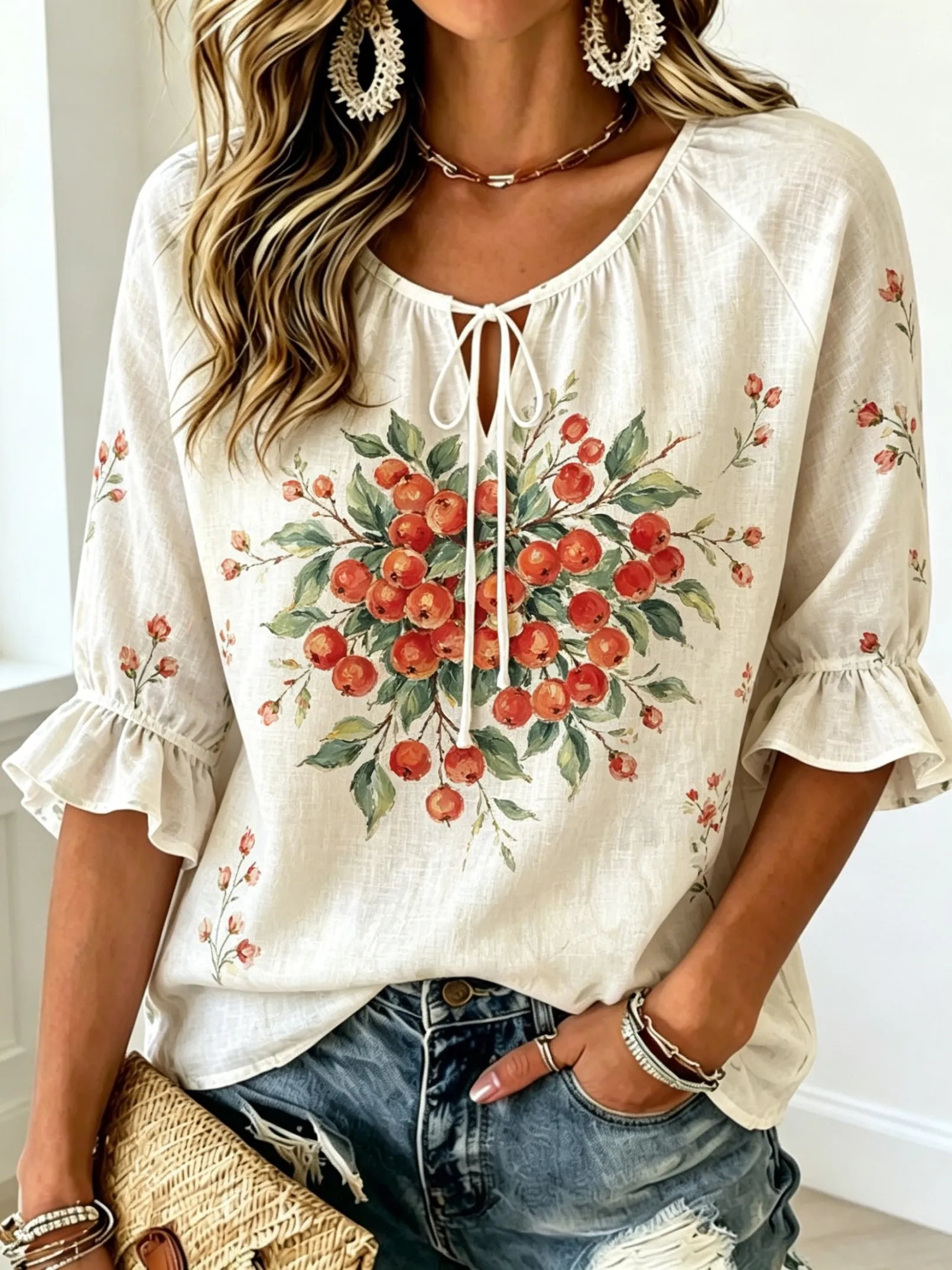 

Women's Tie Keyhole Neck Blouse, Off White Base Watercolor Red Berry Fruit Floral Print, Loose Fit for Summer Daily Outfits