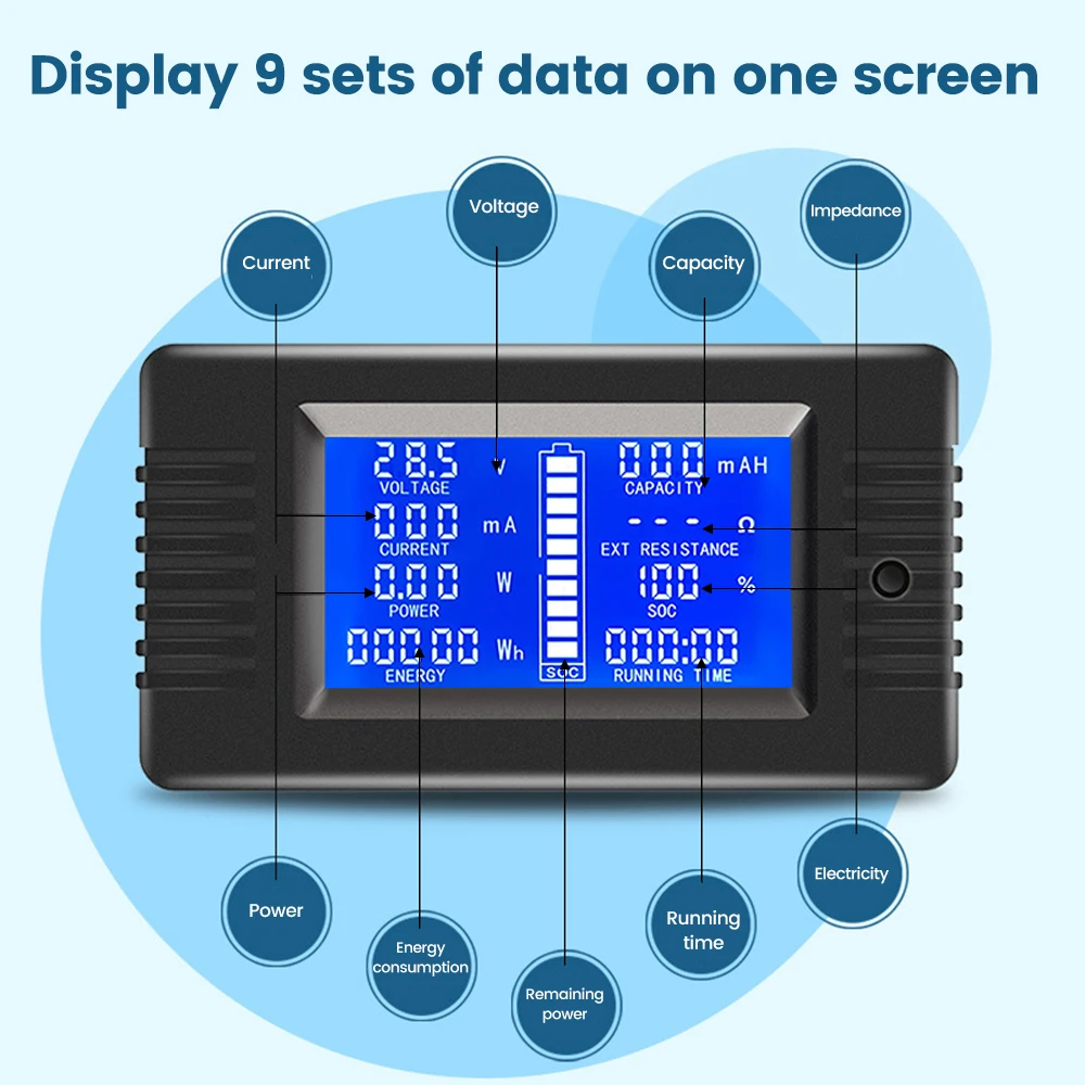 Imagem -02 - Digital Lcd Display Voltímetro Amperímetro Impedância Wattmeter Power Energy Meter Volt Tester 12v 24v 48v 72v 110v 50a 100a a 120v cc