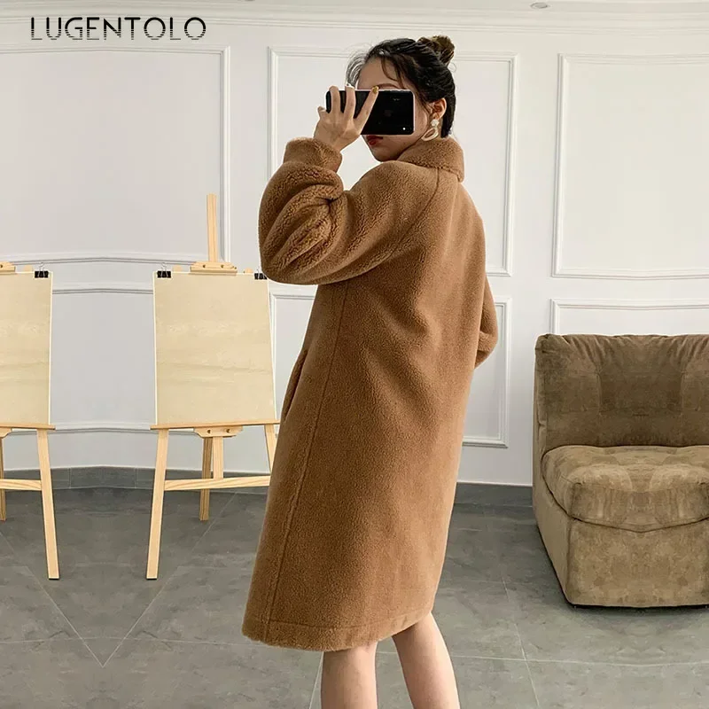 Casaco longo de pele sintética para mulheres, lapela de rua simples, roupas femininas, moda coreana, qualidade quente, elegante, outono, inverno, 2023