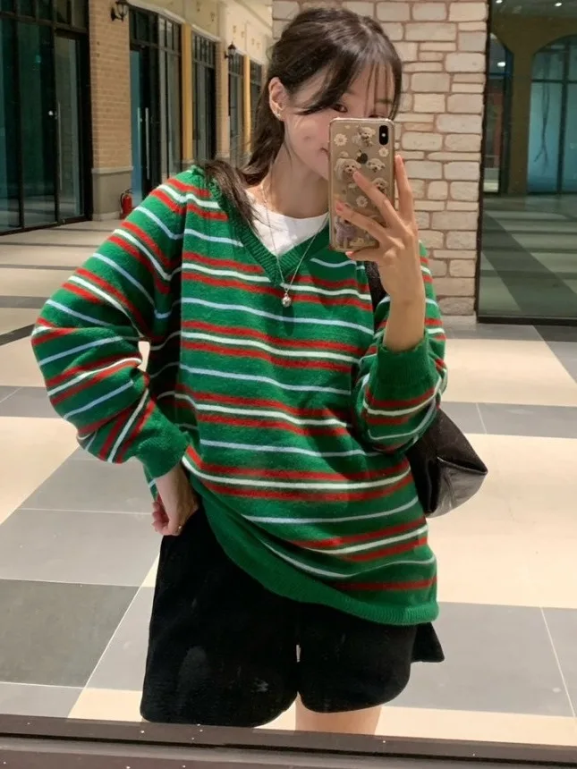 

Ретро полосатый V-Ne свободный длинный све женский трикотаж шикарный осенне-зимний модный универсальный удобный свитер свободного покроя