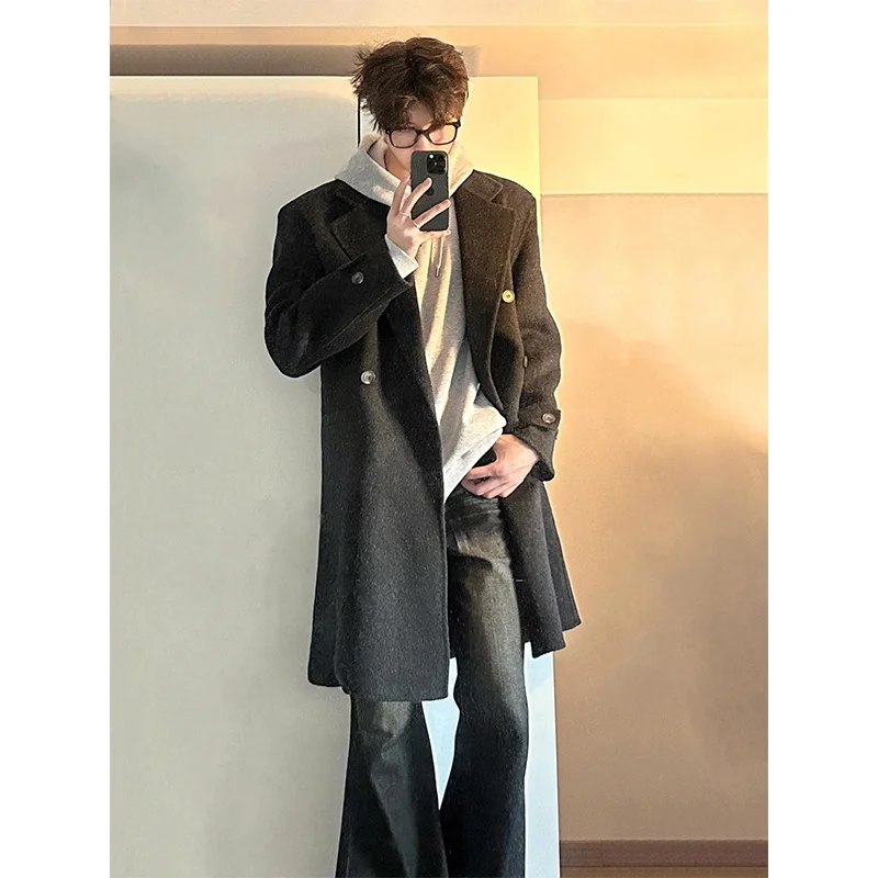

Cleanfit Bla Woolen Coat Men's Mid-Length Autumn Winter Thi Korean Briti Sle Knee-Length Windbreaker Jaet