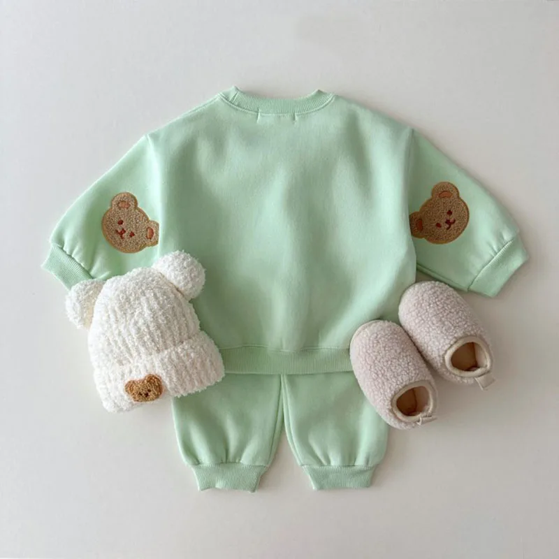 2024 New Kids Clothing Set Bear Embroidery Boys Sports Suit O-Neck Hoodie And Pants 2 Pcs Girls Clothes