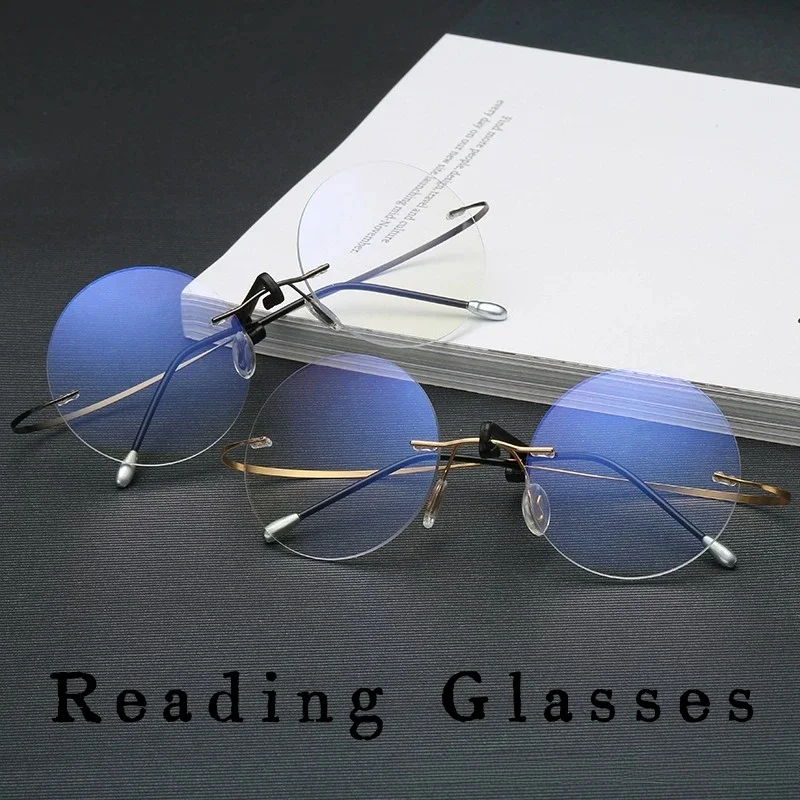 

Simple Circular Frameless Lightweight Anti Blue Light Reading Glasses UV Resistant Ultra Light Metal Frame Presbyopia Glasses
