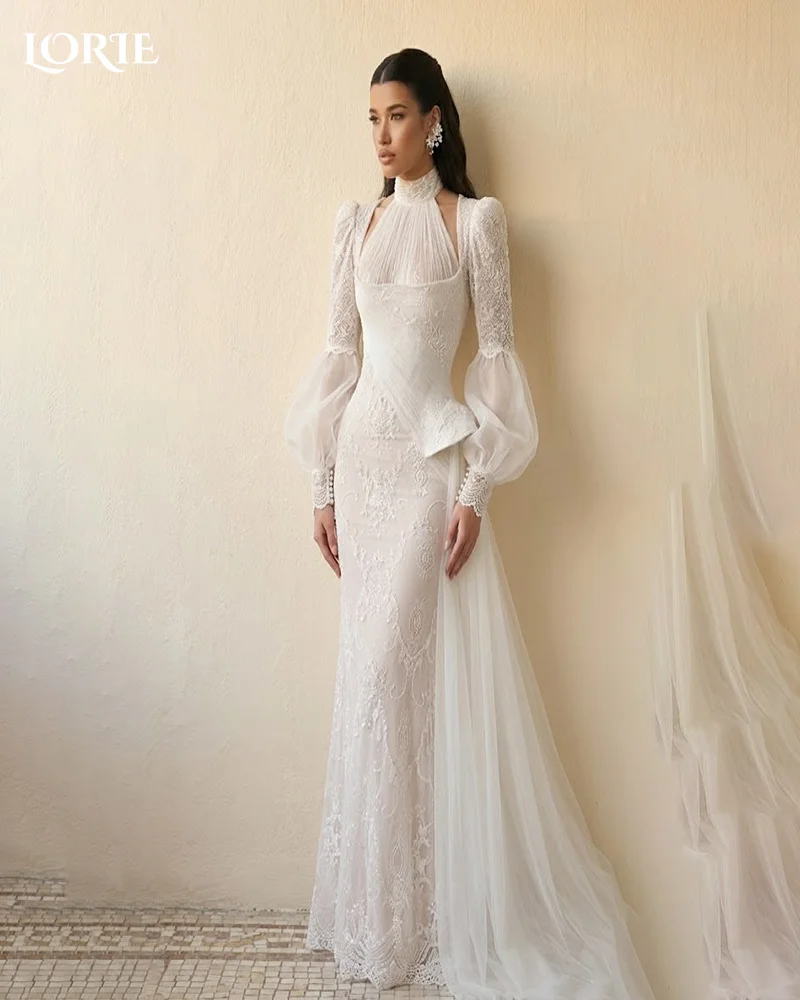 

LORIE High Collar A-Line Muslim Wedding Dress Long Sleeve Corset Bridal Gown Customized Backless Bride DressSaudi Dress Dubai