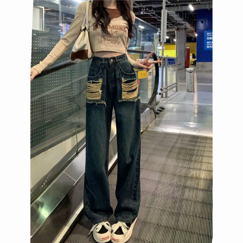 

Американские джинсы с высокой талией и широкими штанинами, прямой крой, женские модные весенние брюки нового дизайна с асимметричным вырезом и дырками