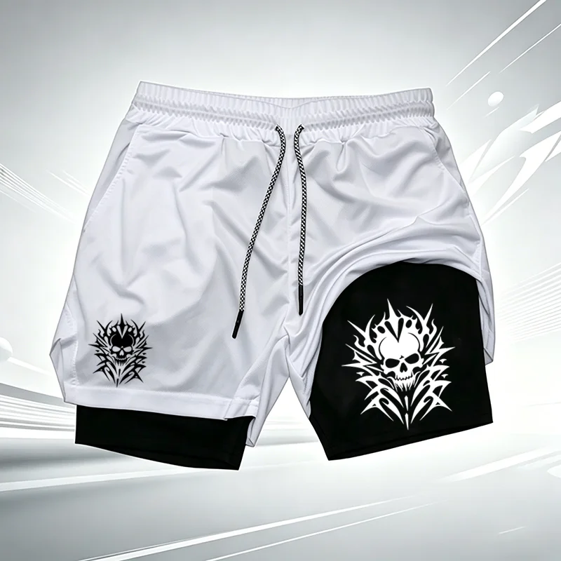 Men 2in1 Workout Shorts Skull Graphic Print Quick Dry Gym Running Training Compression Liner Sports Shorts for Men w350