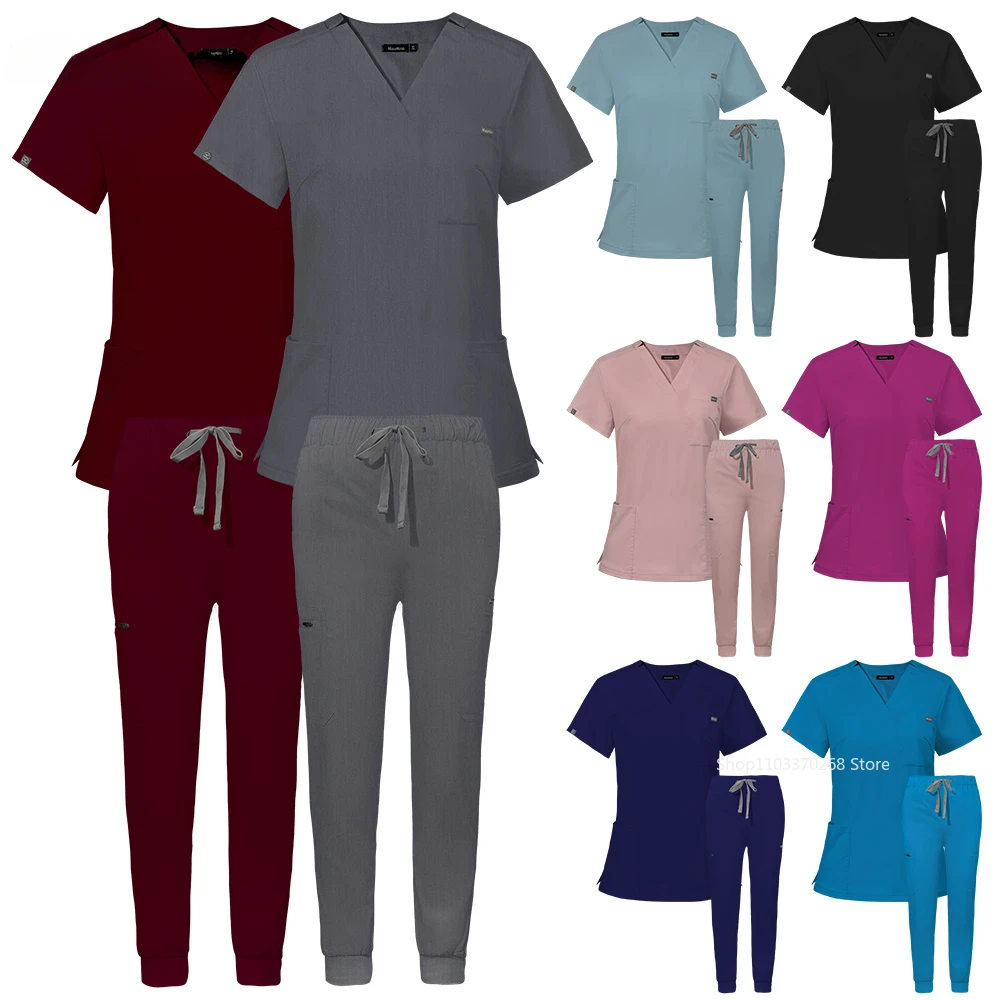 Short Sleeve Scrubs Surgical Nursing Uniforms Nurse Women V-neck Pocket Workwear Dentist Medical Uniforms Men Clinic Scrub Suit