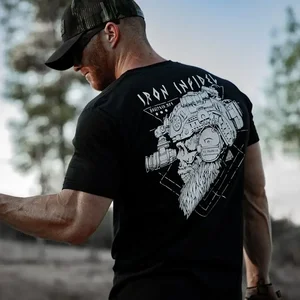Camiseta de caveira tática do guerreiro americano barba masculina, camiseta unissex, Til Valhalla, algodão, manga curta, gola O, blusa casual masculina 8 principais vendas caveira com barba - №3