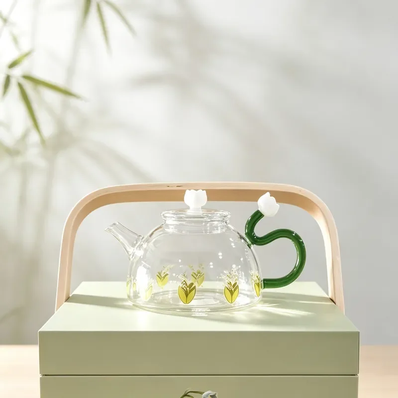 Borosilicate Glass Tea Set with Green Handle Magnolia Flower Design One Pot Two Cups Household Kung Fu Tea Gift Box Fresh