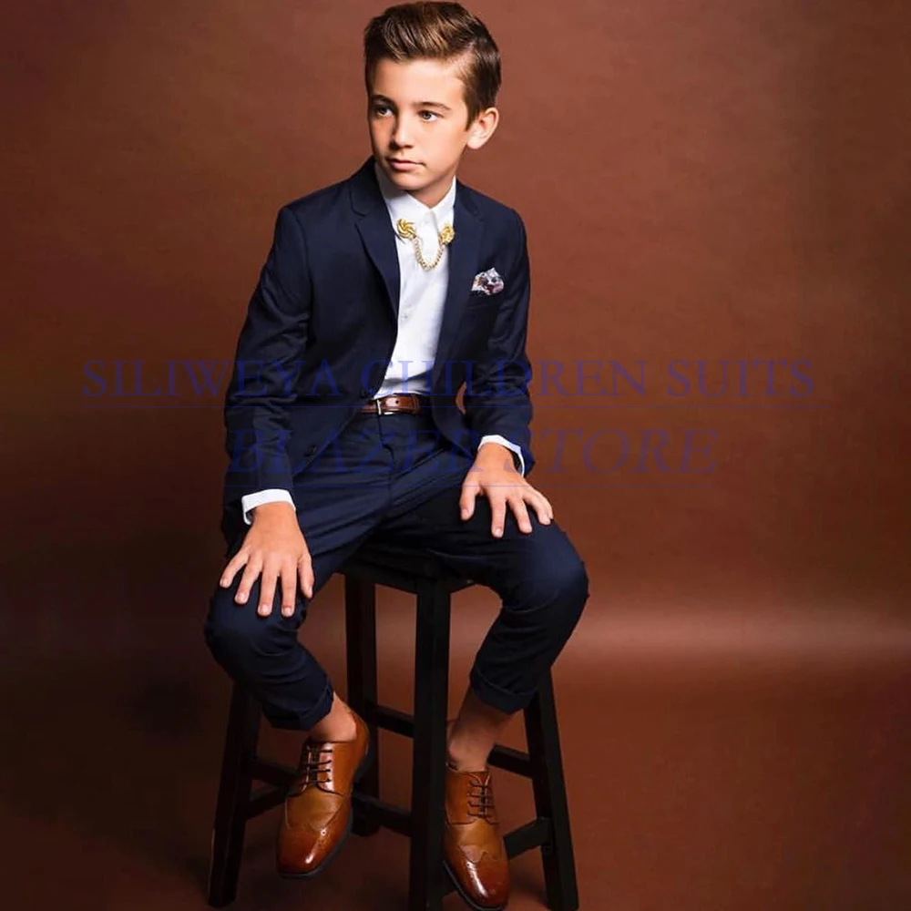 

Navy Blue Wedding Boy's Clothing Formal Single Breasted Notch Lapel Slim Fit 2 Piece Jacket Pants Outfits High Quality Suits Set