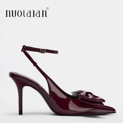 Brand Design High Heels Sandals for Women Sexy Red Pointed Party Dress Pumps Shoes Ankle Strap Bow Slingbacks Shoes Female