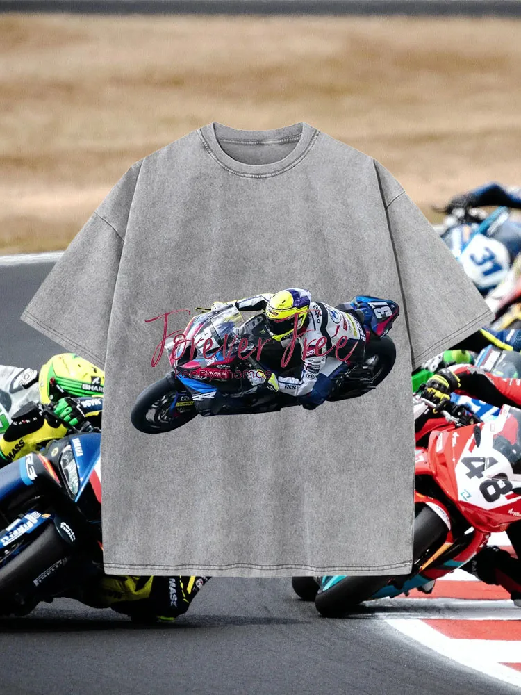 

Summer 2025 New Model Motorcycle Racing Theme Short-Sleeved T-Shirt - Pure Cotton Breathable Washed Cotton Trendy Brand Bestsell