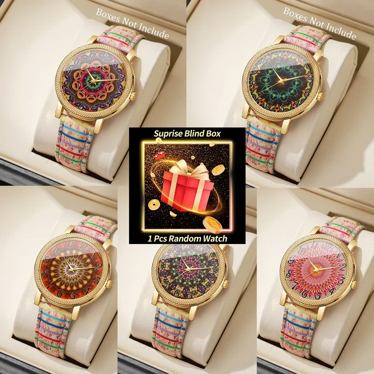 Surprise Blind Box Bohemian Women Watch, Mandala Print Dial Colorful Fabric Strap Quartz Wristwatch Girls Gift