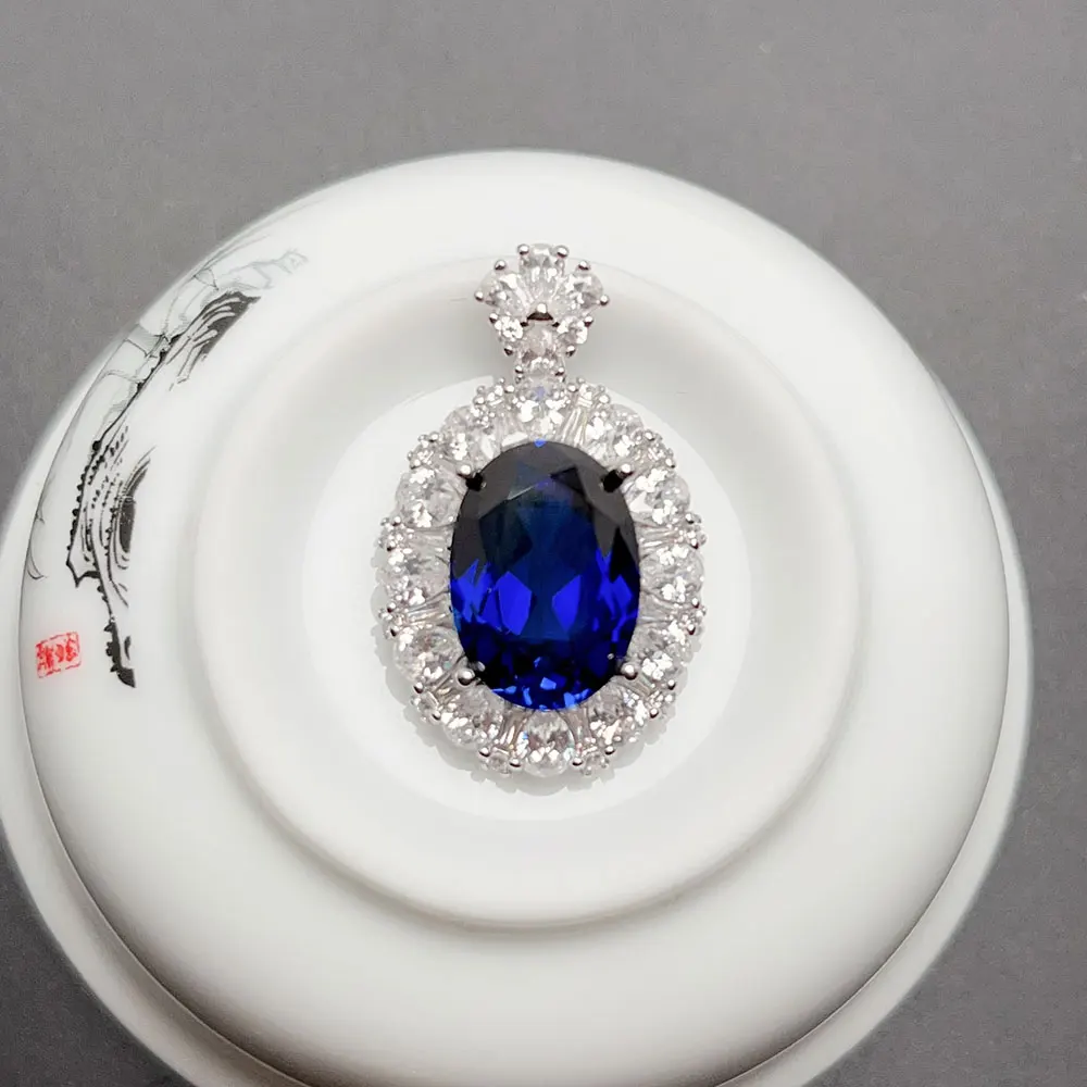 Royal Blue Gemstone 925 Silver Pendant for Wedding 10*14mm Lab Created Crystal Man Made Sapphire Jewelry